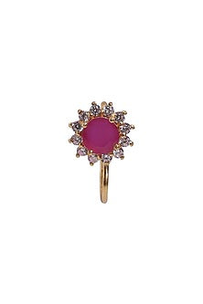 Gold Finish Zircon & Red Stone Nose Ring In Sterling Silver