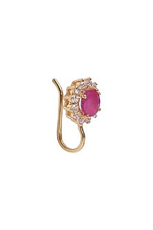 Gold Finish Zircon & Red Stone Nose Ring In Sterling Silver