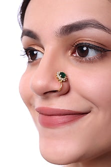 Gold Finish Zircon & Green Stone Nose Ring In Sterling Silver