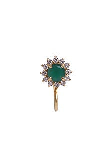 Gold Finish Zircon & Green Stone Nose Ring In Sterling Silver