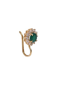 Gold Finish Zircon & Green Stone Nose Ring In Sterling Silver
