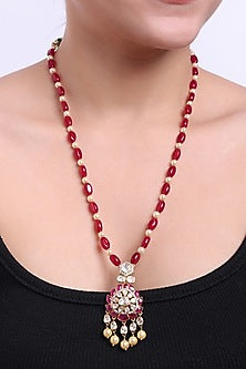 White Finish Kundan Polki & Red Stone Long Necklace In Sterling Silver
