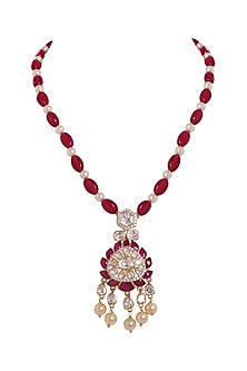 White Finish Kundan Polki & Red Stone Long Necklace In Sterling Silver