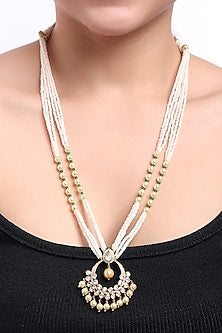 Gold Finish Kundan Polki Long Necklace In Sterling Silver