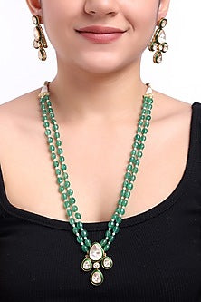 Gold Finish Kundan Polki & Green Stone Long Necklace Set In Sterling Silver