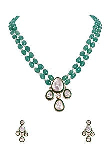 Gold Finish Kundan Polki & Green Stone Long Necklace Set In Sterling Silver