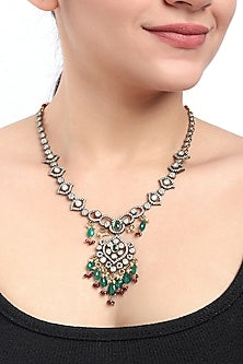 Black Rhodium Finish Kundan Polki & Green Stone Long Necklace In Sterling Silver