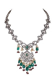 Black Rhodium Finish Kundan Polki & Green Stone Long Necklace In Sterling Silver