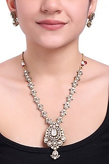 Two Tone Finish Kundan Polki Long Necklace Set In Sterling Silver