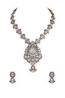 Two Tone Finish Kundan Polki Long Necklace Set In Sterling Silver