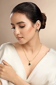 Gold Plated Green Zircon Long Pendant Necklace Set In Sterling Silver
