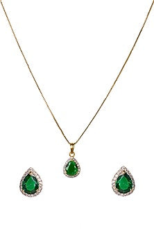 Gold Plated Green Zircon Long Pendant Necklace Set In Sterling Silver