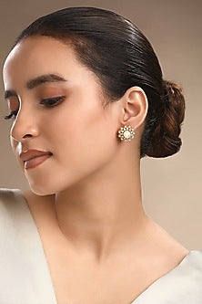 Gold Plated White Zircon & Pearl Stud Earrings In Sterling Silver