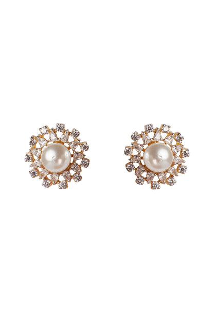 Gold Plated White Zircon & Pearl Stud Earrings In Sterling Silver