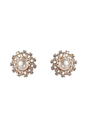 Gold Plated White Zircon & Pearl Stud Earrings In Sterling Silver