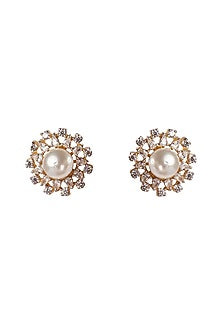 Gold Plated White Zircon & Pearl Stud Earrings In Sterling Silver