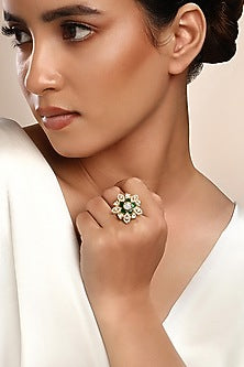 Gold Plated Green Kundan Polki Ring In Sterling Silver