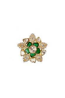 Gold Plated Green Kundan Polki Ring In Sterling Silver