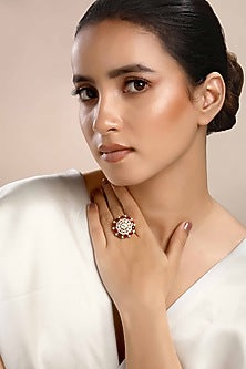 Gold Plated Pink Kundan Polki Ring In Sterling Silver