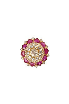 Gold Plated Pink Kundan Polki Ring In Sterling Silver