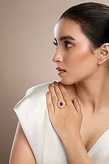Gold Plated Pink Kundan Polki Ring In Sterling Silver