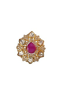 Gold Plated Pink Kundan Polki Ring In Sterling Silver