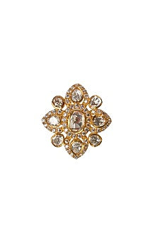 Gold Plated Kundan Polki Ring In Sterling Silver