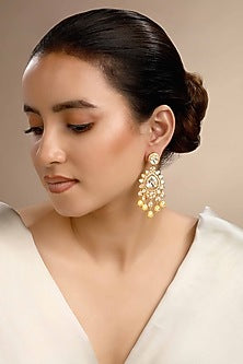 Gold Plated Cream Kundan Polki Dangler Earrings In Sterling Silver