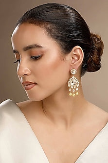 Gold Plated Cream Kundan Polki Dangler Earrings In Sterling Silver