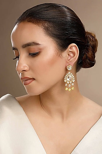 Gold Plated Cream Kundan Polki Dangler Earrings In Sterling Silver