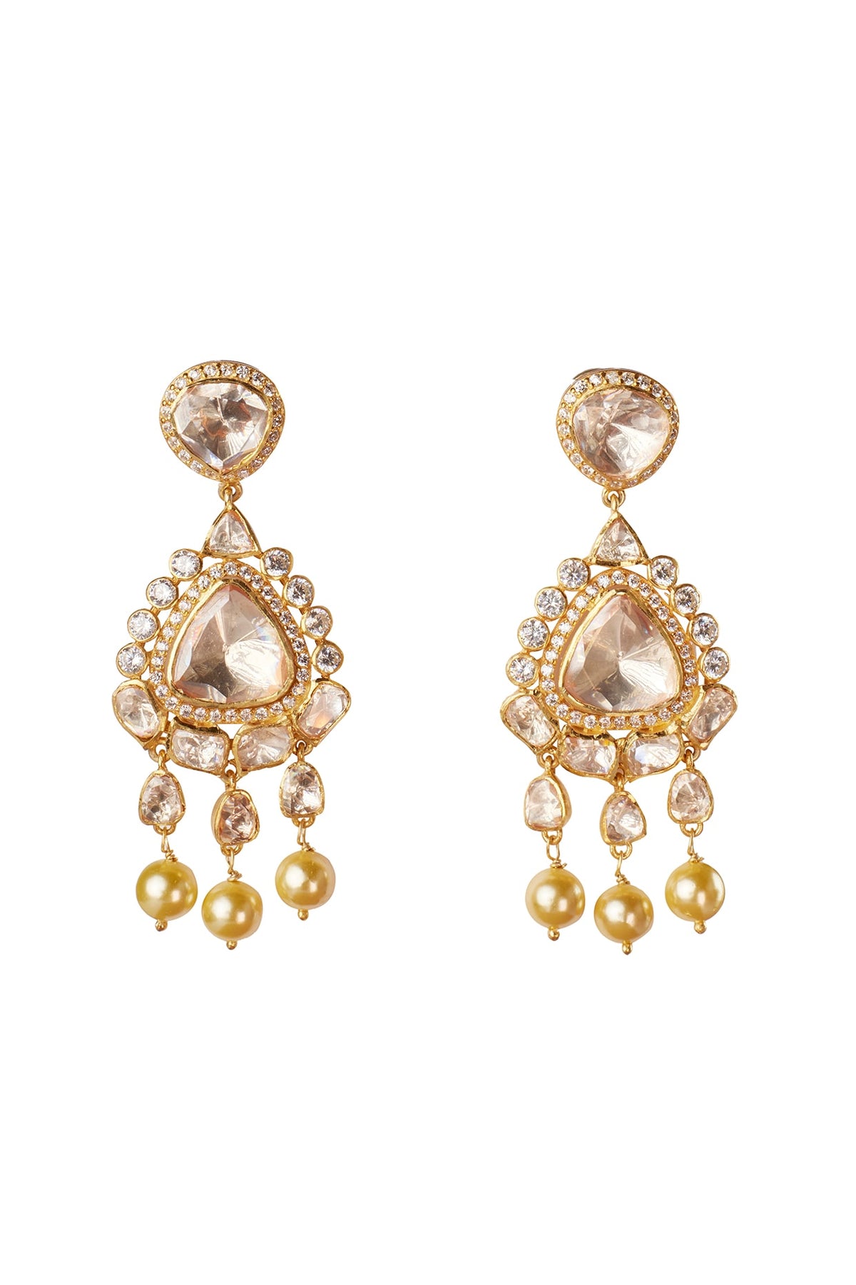 Gold Plated Cream Kundan Polki Dangler Earrings In Sterling Silver