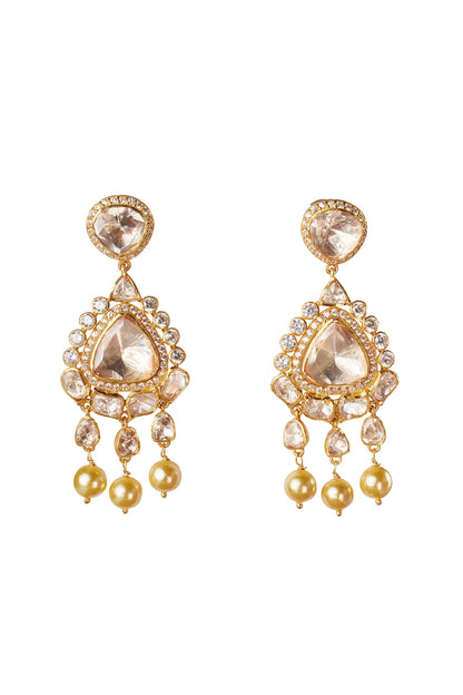 Gold Plated Cream Kundan Polki Dangler Earrings In Sterling Silver