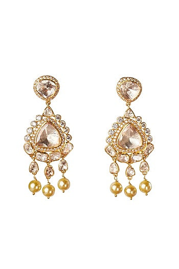 Gold Plated Cream Kundan Polki Dangler Earrings In Sterling Silver