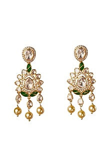 Gold Plated Green Kundan Polki Dangler Earrings In Sterling Silver