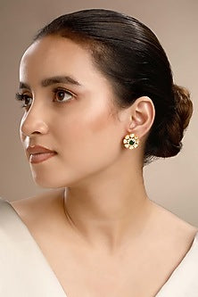 Gold Plated Green Kundan Polki Stud Earrings In Sterling Silver