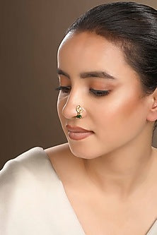 Gold Plated Green Kundan Polki Nose Ring In Sterling Silver