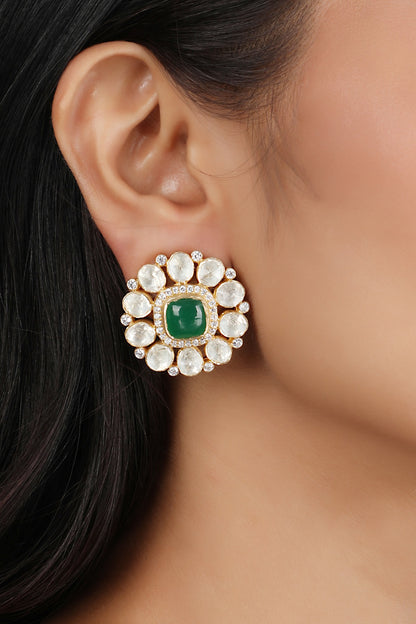 Gold Finish Emerald & Polki Stud Earrings In Sterling Silver