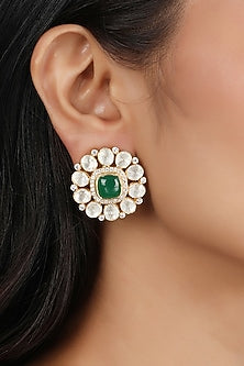 Gold Finish Emerald & Polki Stud Earrings In Sterling Silver