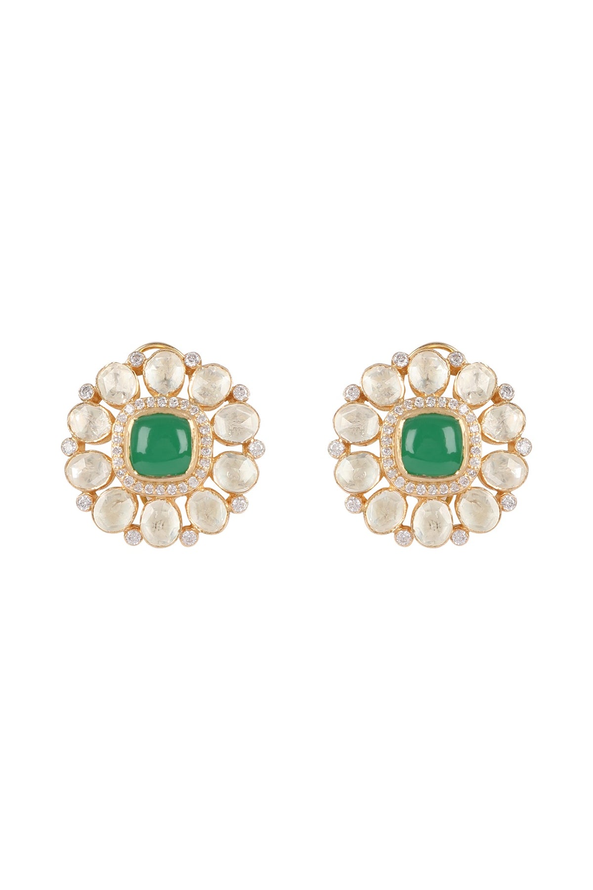 Gold Finish Emerald & Polki Stud Earrings In Sterling Silver