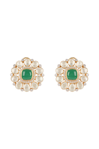 Gold Finish Emerald & Polki Stud Earrings In Sterling Silver
