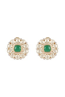 Gold Finish Emerald & Polki Stud Earrings In Sterling Silver