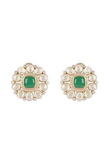 Gold Finish Emerald & Polki Stud Earrings In Sterling Silver