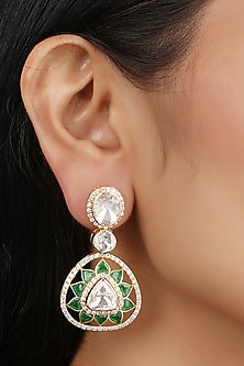 Gold Finish Moissanite Polki Dangler Earrings In Sterling Silver