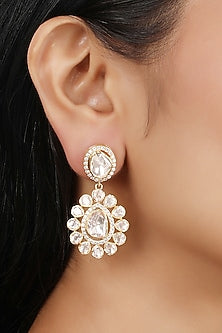 Gold Finish Moissanite Polki Dangler Earrings In Sterling Silver