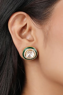 Gold Finish Moissanite Polki Stud Earrings In Sterling Silver