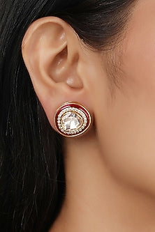 Gold Finish Moissanite Polki Stud Earrings In Sterling Silver