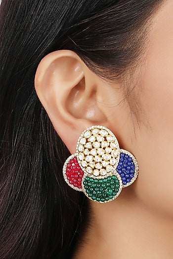 Gold Finish Moissanite Polki Dangler Earrings In Sterling Silver