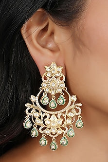 Gold Finish Moissanite Polki Chandbali Earrings In Sterling Silver