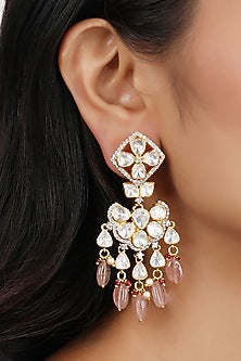 Gold Finish Moissanite Polki Chandbali Earrings In Sterling Silver