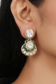 Gold Finish Moissanite Polki Dangler Earrings In Sterling Silver